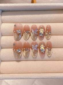 10pcs Handmade Nail Art Decor Set, Almond Shaped Nail Tips With Pink Bowknot Ribbon And 3D Crystal Rhinestones, Suitable For Manicure, Student, Pregnant Women, Daily Wear And Party, With Jelly Gel Press On Nails