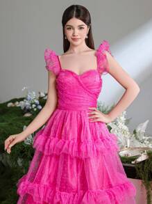Teen Girl Polka Dot Mesh Ruffle Trimed Spaghetti Strap Extra Long Party Prom Dress - Màu Hồng Tươi - Xem 7