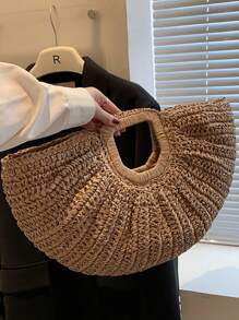 1 件大容量卡其色手提包，编织草编开口圆包，适合旅行、度假、海滩 - 卡其色 - 查看 4
