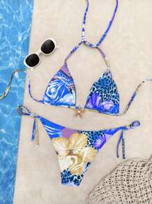 Swim Vacation Cute Summer 2pcs Halter Random Floral Print Metal Starfish Decor & High Cut Bottoms Bikini Set, Beach Vacation - Leopard - View 7