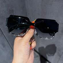 1pc Women Oversized Square Frame Rhinestone Fashion Glasses For Summer Beach Vacation, Outdoor, Travel - Gray Frame Gray Chain - View 2