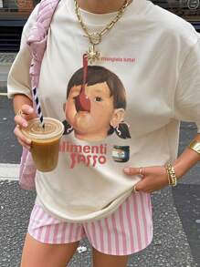 White Casual Daily Wear Girls Print Short Sleeve Round Neck T-Shirt For Women, Spring/Summer - Apricot - View 1