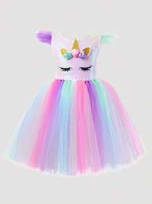 Conjunto de vestido de tul colorido con diseño de unicornio y diadema de unicornio para niña