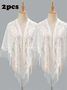 1pc Elegant Fashionable Hollow Out Tassel Design Lace Shawl For Banquet