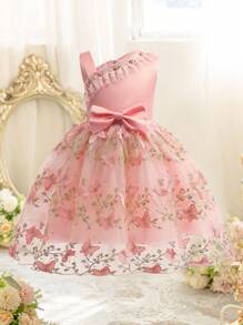 Young Girl Flower Formal Dress With Embroidery & 3d Butterfly Decor, Tulle Puffy, Suitable For Weddings And Parties - Pink - View 5