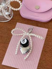 Black Number 8 Billiards Ball Heart Charm Elegant Silvery Heart & Faux Pearl Bow Pendant Y2K Accessories Bows