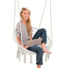 Silla colgante de hamaca beige de algodón con cuerda macramé, perfecta para uso interior y exterior - 1 - Ver 3