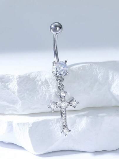1pc Stylish Silver-Plated Cross Zirconia Navel Ring, Suitable For Women Everyday Wear, Birthday Gift, Bar Party, Beach Party