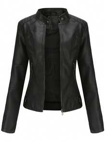 Women Slim Leather Jacket, Lightweight Spring Autumn Coat, Stand Collar Faux Leather Moto Jacket