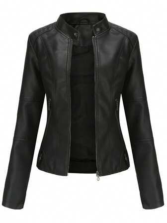 Women Slim Leather Jacket, Lightweight Spring Autumn Coat, Stand Collar Faux Leather Moto Jacket