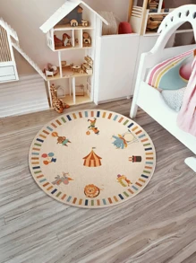 1 pieza Alfombra decorativa redonda, alfombra con estampado de animales de circo lindo, alfombra de fibra de poliéster suave, alfombra para decoración de dormitorio, alfombra para sala de estar, decoración de habitación, decoración de vacaciones - Multicolor - Ver 3