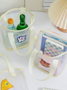 1pc Minimalist Fashion Korean Style Cartoon Transparent Net Tote Bag, Cute Small Bear Portable Handbag For Girls, Beach Bag, Mini Size - Apricot - View 8