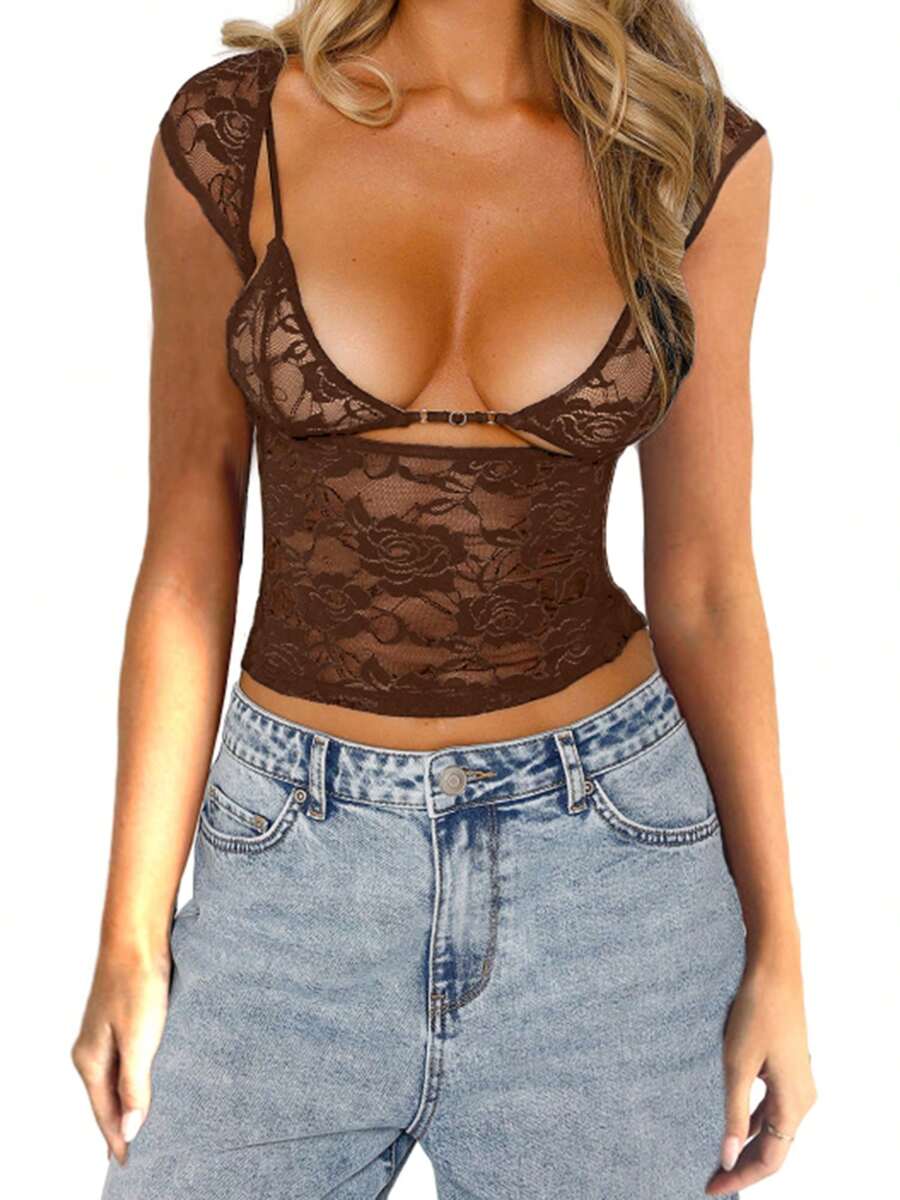 Conjunto de top de encaje vintage para mujer, camiseta de corte bajo y corte ajustado con mangas cortas + bralette sin mangas, ropa de verano - Marrón oscuro - Ver 1