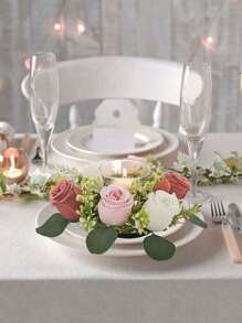 2 件人造花蜡烛花环用于婚礼家居桌面装饰春季花环布置假花植物叶蜡烛环，人造丝玫瑰花植物花环蜡烛台，花卉婚礼中心装饰塑料小花卉农舍花环用于婚礼布置，新娘花束，桌面中心装饰，美学房间装饰，礼物 - 彩色 - 查看 5