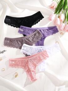 5pcs/Set Romantic Sexy Lace Patchwork & Ruffle Design Women's Thong Panties - Multicolor - View 2
