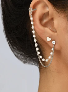 Nooxian 2pcs/Set Heart Shaped Faux Pearl Tassel Copper Zirconia Ear Cuff & Earring Set (Pearl Quantity Random) - Silver - View 2