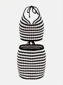 Boho Style Lace-Up Neck Backless Contrast Striped Cami Top & Tight Fit Crop Hem Skirt Knitted 2-Piece Set - Black and White - View 2