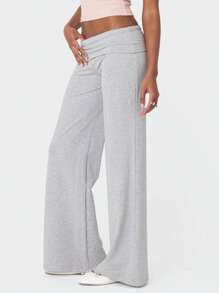 Women Fold Over Yoga Pants Low Rise Solid Color Stretch Casual Straight Wide Leg Palazzo Pants Loose Fit Comfy Flared Leggings Gym Lounge Pants Bootcut Bell Bottoms Baggy Sweatpants Teen Girl Back To School Bottoms Y2k Streetwear - 灰色 - 查看 4