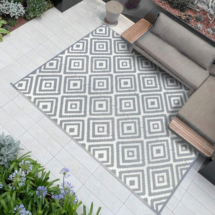 Outdoor Patio Rugs Waterproof Large Plastic Straw Rugs Reversible Portable Picnic Blanket Easy Cleanning Camping Mat Outdoor Area Rug For Garden Balcony Deck - Gris - Ver 1