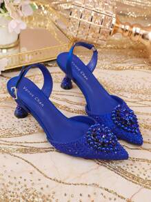 Venus Chan 女士蓝色婚礼高跟鞋意大利设计水钻装饰尖头华丽派对 2025 INS 女士大码鞋派对高跟鞋 - 藍色 - 查看 3