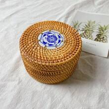 1pc 5.5*3.1 Inch Wicker Rattan Braided Round Storage Box For Snacks, Cosmetics, Jewelry, Dried Fruits, Desk Organizer