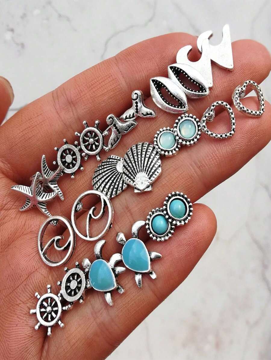 12 Pairs Bohemian Vintage Earrings With Starfish, Turtle, Fish Tail Designs, Everyday Wear Creative Earrings - Silver - View 1