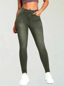 ZYANYA Mezclilla Para Mujer  Jeans Mezclilla Gruesa Levanta Pompas Vaqueros ajustados Corte Corazón Levanta Glúteos - Bronce - Ver 2