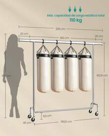 SONGMICS Burro Ropa con Ruedas, Perchero Burro Extensible con Carga Pesada, Capacidad de Carga de 110 kg, 45 x (160-200) x 162,9 cm, Fácil de Montar, Portátil, Negro Mate/Plata - Plateado - Ver 5