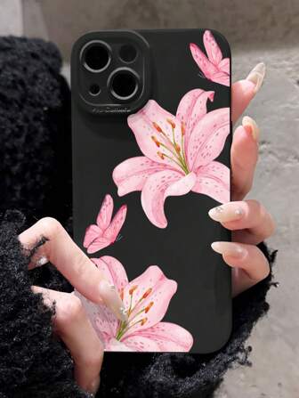 1pc Ins Floral Lily & Butterfly Pattern Transparent Soft Phone Case, Anti-Slip, Compatible With IPhone 11/12/13/14/15/16 Pro Max Waterproof Shockproof Anti-Fall Scratch Resistant