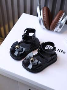 新款罗马风格夏季休闲女童时尚儿童防滑平底宝宝凉鞋 - 黑色 - 查看 1