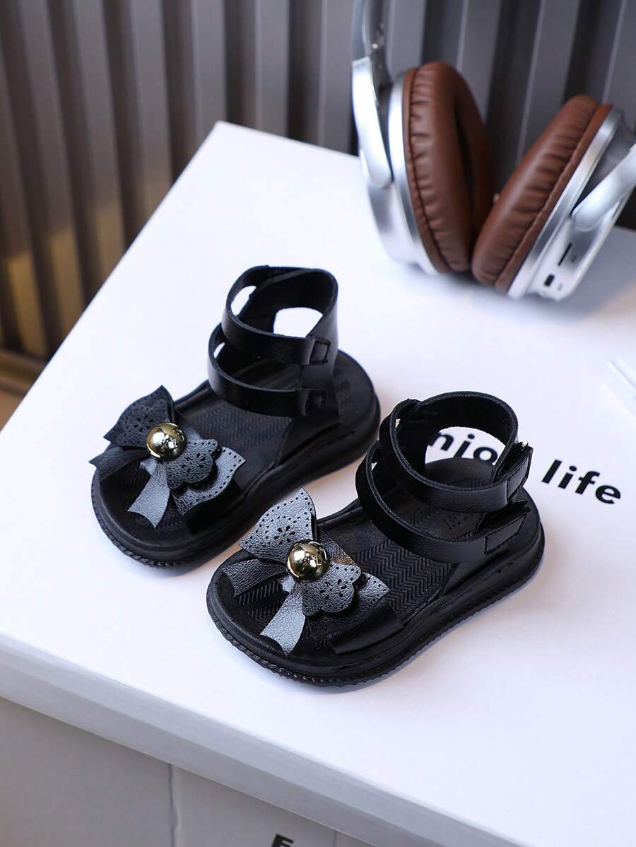 新款罗马风格夏季休闲女童时尚儿童防滑平底宝宝凉鞋 - 黑色 - 查看 1