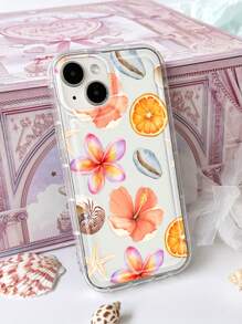 Flower 1pc Minimalist Seaworld Elements Starfish, Hibiscus, Fruit Pattern Soft Phone Case, Anti-Slip, Compatible With IPhone 11/12/13/14/15/16 Pro Max