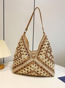 Geantă de umăr boemă din paie pentru femei, geantă tote de plajă de designer vintage, potrivită pentru vacanță, muncă, utilizare zilnică, stil de vară, perfectă pentru ieșirile ocazionale și excursiile pe plajă