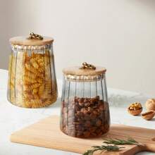 2PCS Glass Coffee Nuts Canister Airtight Storage Jar Petal Decorative Container With Bamboo Lid Metal Handle For Kitchen, Pantry, Or Dry Food Storage .Easy To Grasp 700ml, 23 FL OZ - 2PCS-cone-bamboo Cover - View 6