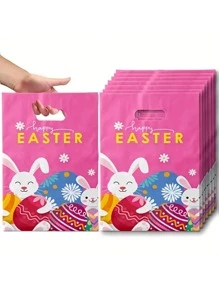 12 件各种复活节彩蛋和兔子图案塑料手提袋，多色，可爱兔子元素，节日礼品袋，适合复活节庆祝活动