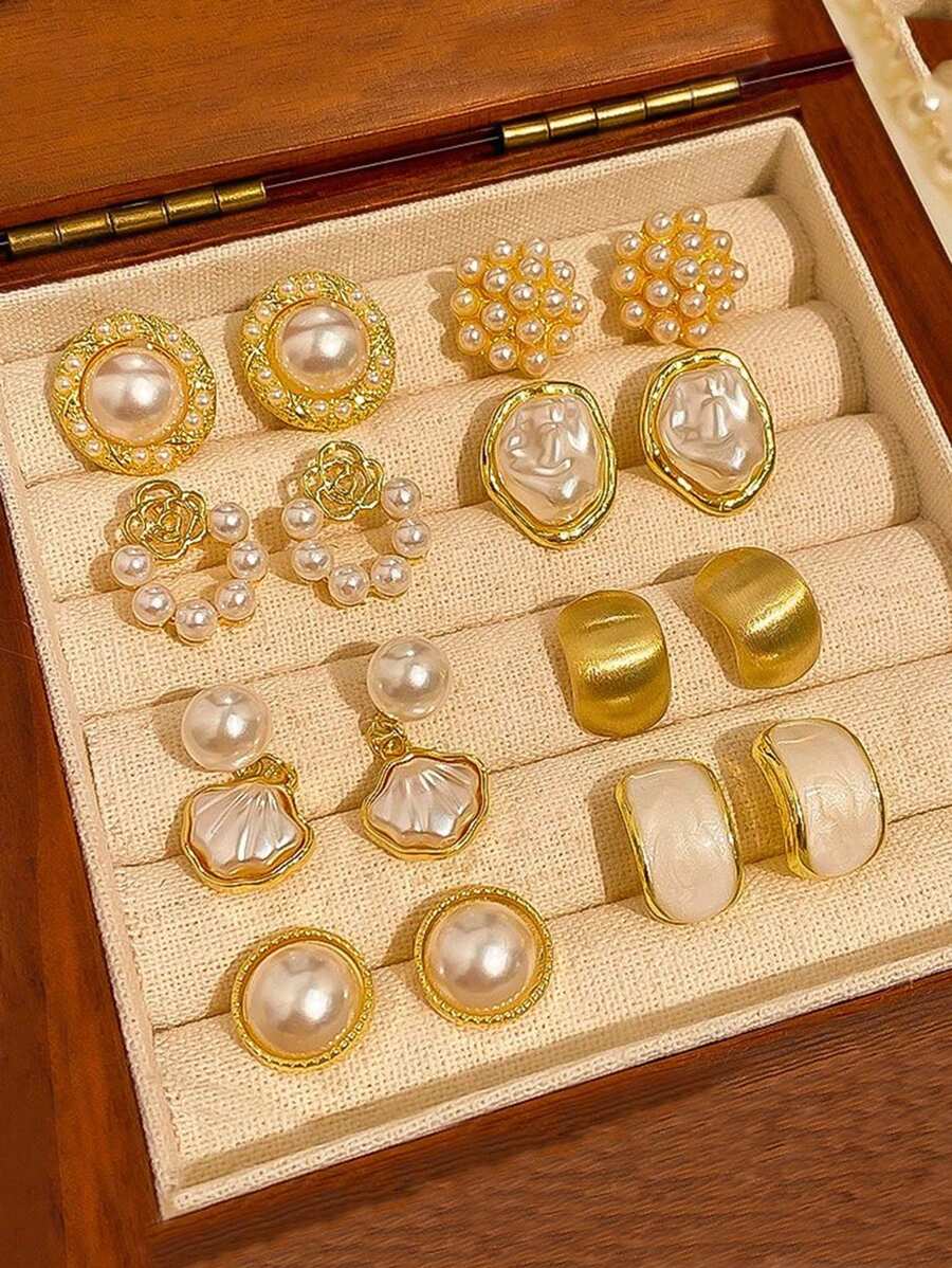 8pcs/Set Minimalist Asymmetrical Pearl, Hollow Flower Petal, Shell, Star & Round Shape Stud Earrings Set, Versatile For Women, Daily & Holiday Wear - Set F - View 1