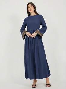 女士时尚提花拼接喇叭袖连衣裙，端庄