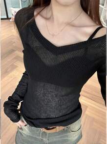 Women Long Sleeve T Shirt Thin Perspective Summer Solid Slim Casual Shirts Female Pullovers Basic Tee Y2k Clothes Streetwear Top - Black - View 3
