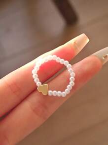 Set de 3 anillos elásticos minimalistas y adorables con corazón de perlas falsas, adecuados para mujer, ideales para el Día de San Valentín y uso diario
