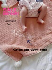 Customizable Name Embroidered Jacquard Knit Pom-Pom Baby Blanket, Infant Faux Sherpa Nap Mat, Baby Stroller Cover Blanket - Multicolor - View 1