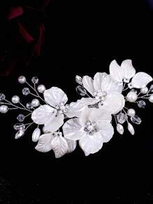 1件手工花朵新娘发夹，镶嵌水钻，白色情人节配饰