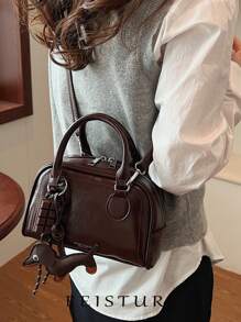 1 Pieza, Bolsa de tela Bowling de PU de estilo retro, Bolsa cuadrada pequeña de mujer con cierre de cremallera, Bolso bandolera transversal (Sigue la tienda para accesorios colgantes anudados), Adecuado para niñas, mujeres, estudiantes universitarias, nuevos profesionales y trabajadores de oficina, Muy adecuado para trabajo, negocios, ir y venir del trabajo, escuela