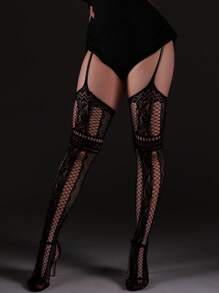 1pc Retro Patterned Curve Tights, High-Stretch Bodycon Pantyhose With Garter Straps & Open Crotch, Sexy Fishnet Black Stockings For Halloween Costume, Women