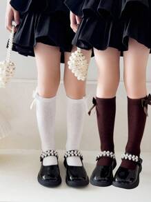 2 双女孩纯色蝴蝶结装饰透气及膝袜，适合日常穿着