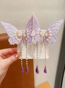 2 piezas Clip de pelo de mujer elegante y dulce con ala de mariposa, clip lateral con borla de perla falsa