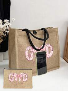 Khaki Tote Bag Two Pieces Set, Along With A Small Makeup Bag, "God" Letter Bow Zipper Women's Makeup Bag - Khaki - View 5