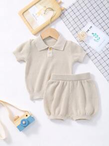 Bộ áo thun tay ngắn cổ polo dệt kim màu trơn mùa hè cho trẻ sơ sinh + quần short, kích cỡ nhỏ hơn, gợi ý đặt hàng lớn hơn một cỡ - Màu Khaki - Xem 1