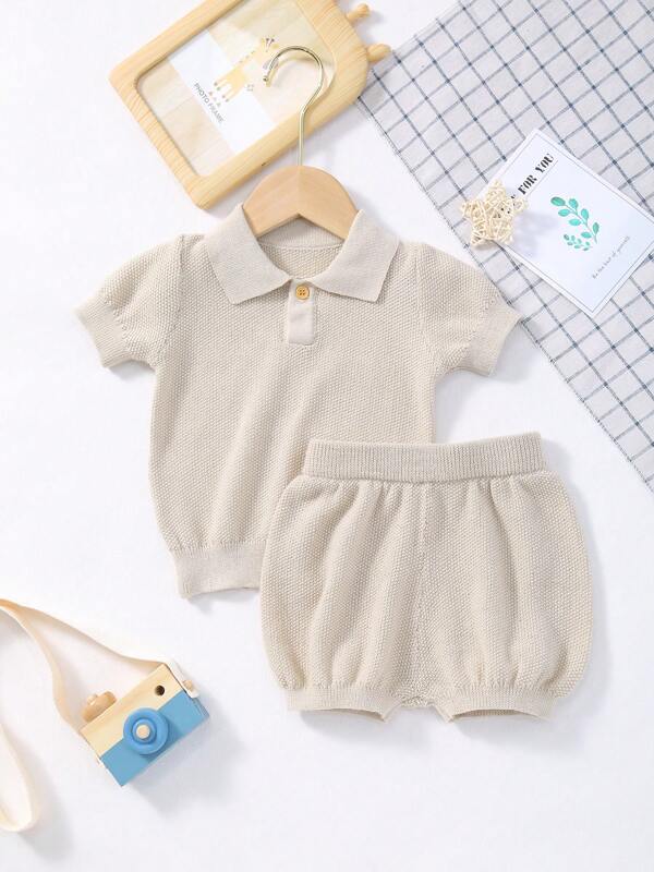 Infant Summer Knitted Polo Collar Solid Color Short Sleeve Top + Shorts Set, Size Runs Small, Suggest Ordering One Size Up