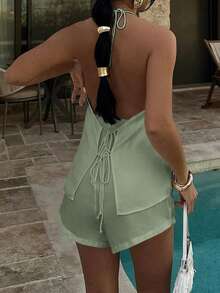 Unadoll 女士性感休闲V领露背系带上衣和弹力短裤两件套，适合居家、海滩、约会、音乐节、情人节等场合。 - 灰綠色 - 查看 9