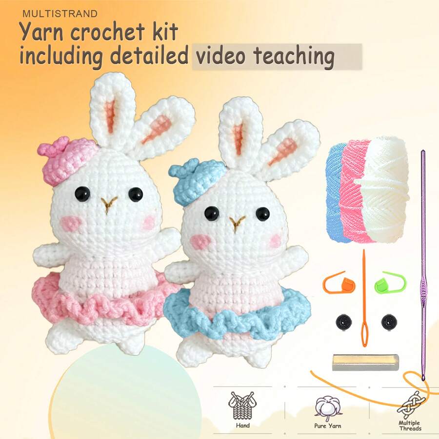 DIY Dance Rabbit Crochet Kit For Beginners, Amigurumi Stuffed Animals - Gift Animal Crochet Starter Kit All-In-One Complete Crochet Kit Learn To Crochet Sets With Instructions And Step By Step Video Tutorials For Adults Cute Animal Doll DIY Crafts For Home Decor